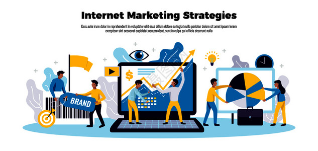展开的笔记本互联网营销战略海报与业务增长符号平矢量插图插画