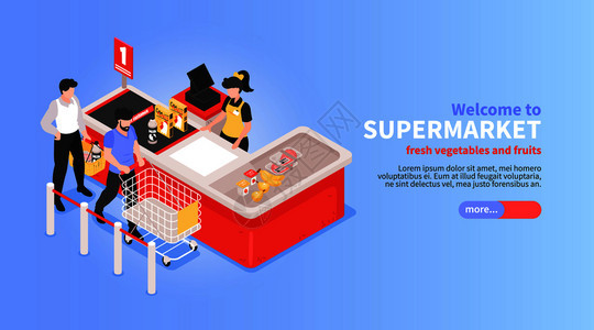 超市网站水平等距与线蔬菜水果杂货店提供篮子客户支付符号矢量插图图片