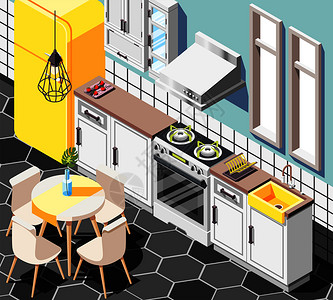 阁楼内部等距背景与室内景观现代厨房与家具橱柜冰箱桌子矢量插图图片