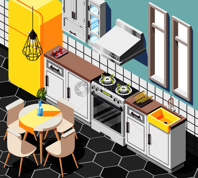 阁楼内部等距背景与室内景观现代厨房与家具橱柜冰箱桌子矢量插图图片