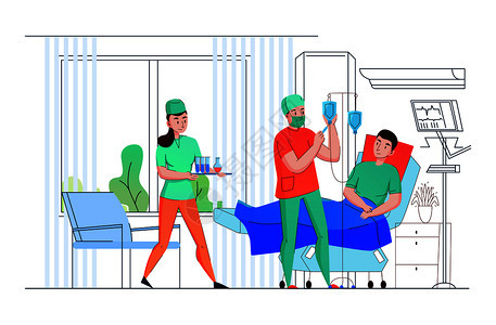 医院重症监护病房队护士向病人平构成矢量插图提供医疗援助支持背景图片
