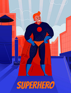 超级英雄复古漫画人物站屋顶上蓝色完整的紧身衣橙色斗篷矢量插图图片