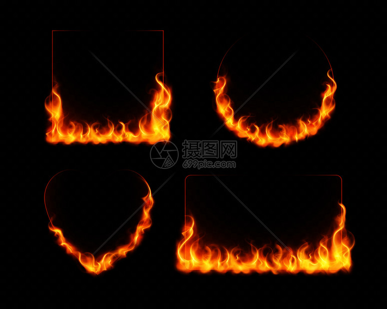 火焰框架真实的燃烧几何上的暗透明背景孤立矢量插图图片