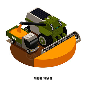 小麦收获机械与自动化农业机器人结合脱粒机等距圆形成与白色背景矢量插图图片