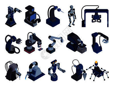机器人自动化颜色集与孤立等距图像的特殊用途机器人处理程序机械手手臂矢量插图图片