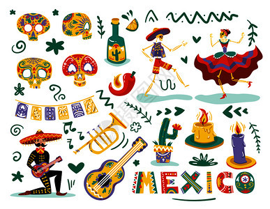 墨西哥日死亡符号属彩色与舞蹈骨架,糖头盖骨具白色背景矢量插图矢量插图图片