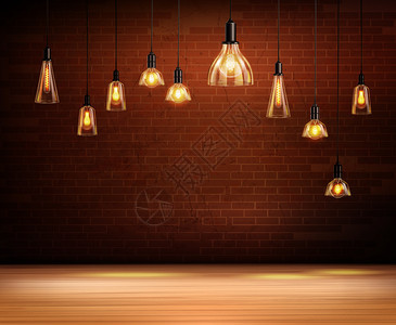 天花板灯泡空房间与棕色砖墙现实背景矢量插图图片