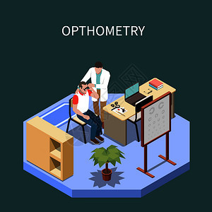 眼科等距成与验光师检查眼睛的男患者三维矢量插图图片