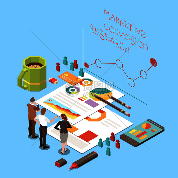 等距与业务人员讨论化率优化策略营销研究三维矢量插图