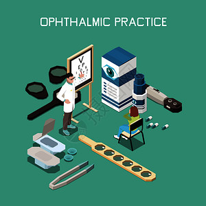 眼科仪器医学等距成与验光师病人三维矢量插图图片