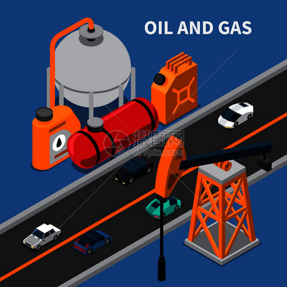 石油天然气工业等距成与钻机罐车三维矢量插图图片