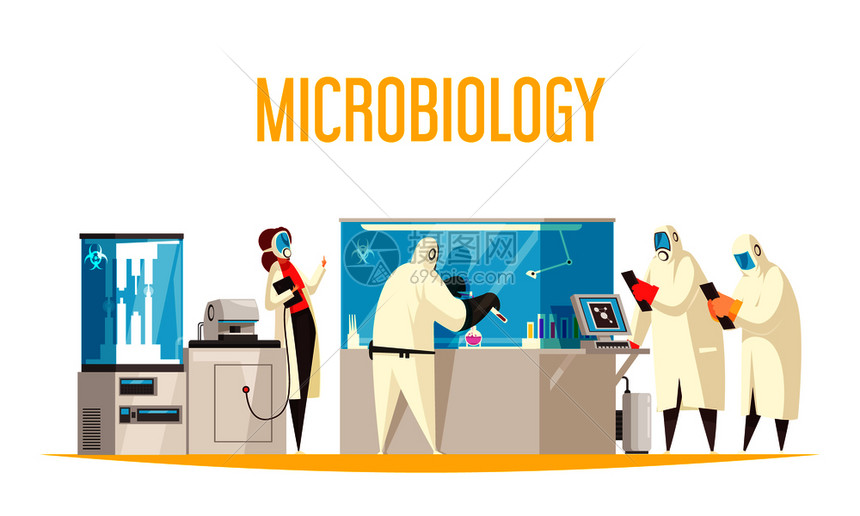 微生物学实验室成与文本实验室仪器的观点与科学家的特点生物危害适合矢量插图图片
