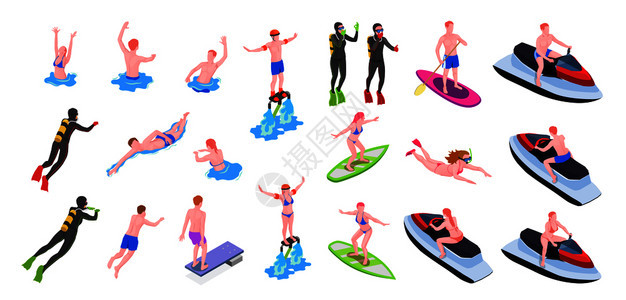 同的水上运动等距图标冲浪帆板跳水游泳其他类型的运动矢量插图图片