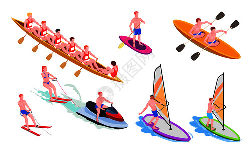 隔离等距水运动图标与潜水风帆皮划艇浮潜矢量插图图片