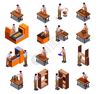 家具生产等距图标与工人制作家具木柜台矢量插图图片