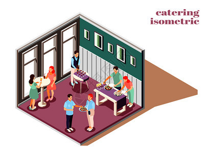 餐饮宴会室内等距构图与食品饮料矢量插图图片
