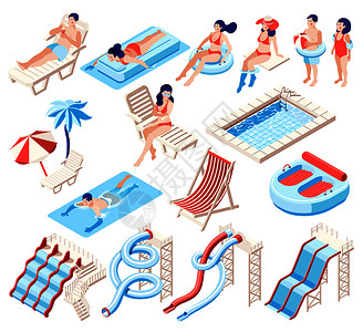 穿着泳衣的人花时间海滩上水上公园里,用幻灯片水池等距图标白色背景的三维矢量插图上图片