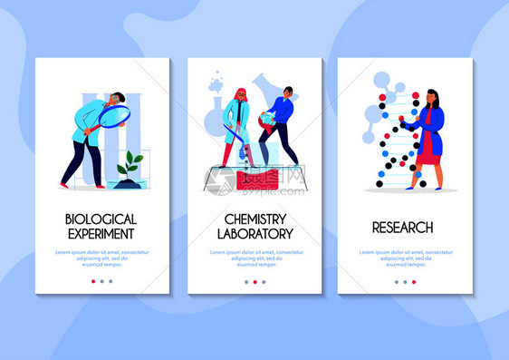 三个垂直横幅与人研究执行实验科学实验室平孤立矢量插图图片