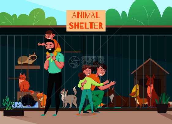 动物收容所家庭成与户外风景人物的孩子父母笼子前矢量插图图片