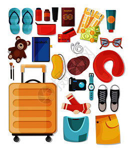 手提箱成与套涂鸦图像与个人物品,衣服配件的旅游矢量插图图片
