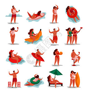 暑期派平图标收集彩色物品人类人物季节假期活动矢量插图图片