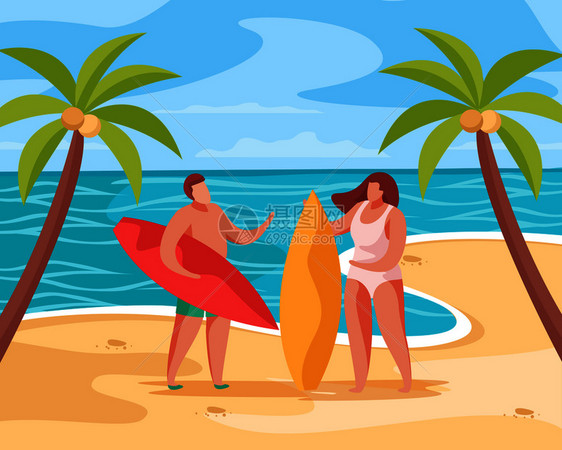 夏季派作文与热带风景图片棕榈海滩与人冲浪板矢量插图图片