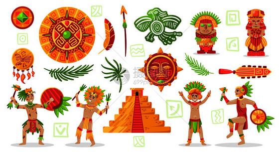 玛雅文明文化集涂鸦风格人物玛雅人部落珠宝项目矢量插图图片