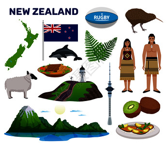 新西兰旅游集自然食品符号平孤立矢量插图图片
