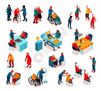 养老院等距工作人员监测残疾患者老人玩体育锻炼棋盘游戏孤立矢量插图图片