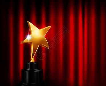 奖杯奖励红色窗帘背景写实构图与金星形状的杯子的形象基座矢量插图图片