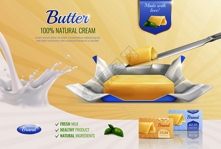 乳制品黄油写实构图广告品牌的模型,以文字鲜奶健康产品天然成分矢量插图黄油逼真的广告构图图片