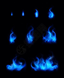 蓝色气体火焰真实的同的形式大小的黑色背景孤立矢量插图图片