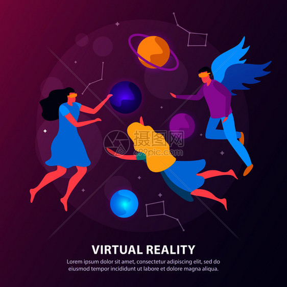 虚拟现实平彩色背景队三人玩VR游戏矢量插图图片