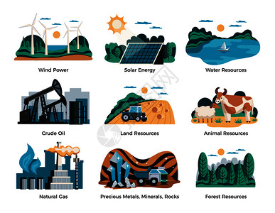 自然环境资源与风能太阳能符号平孤立矢量插图背景图片