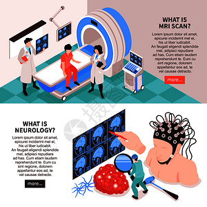 神经中心网站2等距水平横幅与MRI扫描测试大脑研究信息矢量插图插画