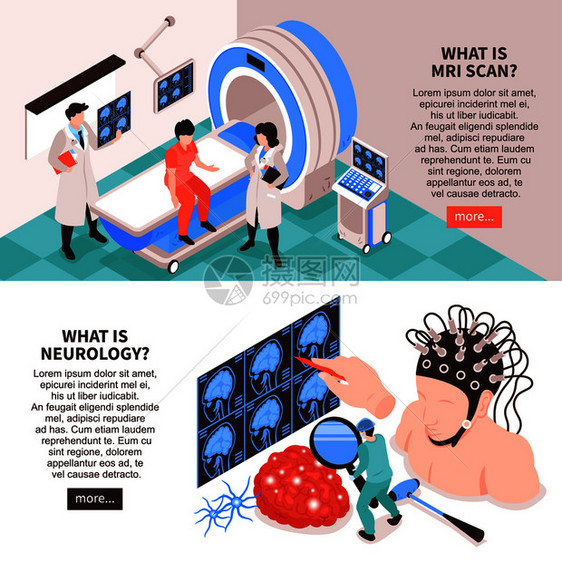 神经中心网站2等距水平横幅与MRI扫描测试大脑研究信息矢量插图图片