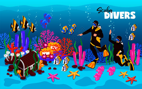 水肺潜水员深水等距童话构图与宝箱彩色珊瑚鱼水矢量插图图片