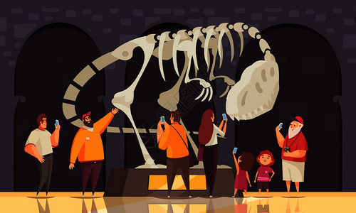 导游游览龙骨架构图与泛光展览室室内风景人文人物的游客矢量插图图片
