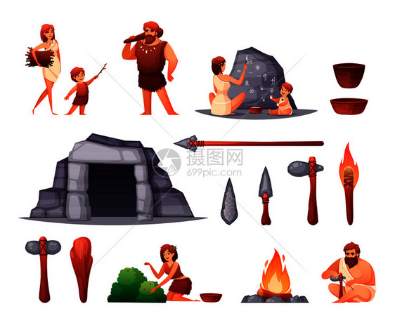 史前石器时代的穴居人家庭岩画开火工具平矢量插图图片