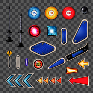 游戏按钮弹球机零件写实收集与钢球柱塞闪光灯陷阱隔离透明背景矢量插图插画
