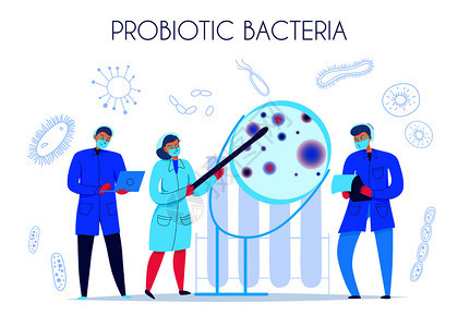 三位科学家科学实验室平板矢量图中研究益生菌图片