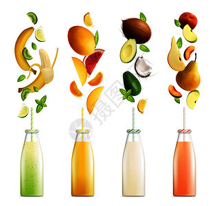 水果冰沙水果鸡尾酒现实图像与彩色瓶子切片空白背景图片