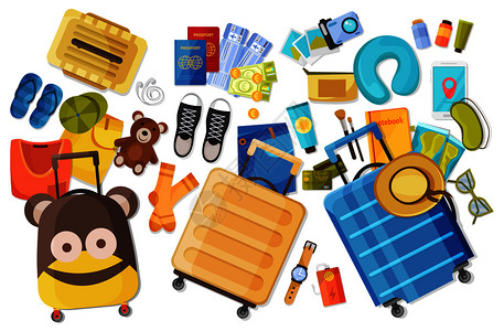 家庭手提箱平构图,平图像的个人物品物品的儿童成人矢量插图图片