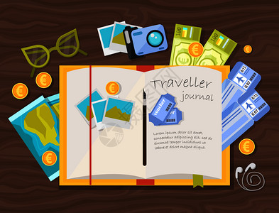 旅行日志作文与旅游笔记本与硬币票个人物品木制表背景矢量插图图片