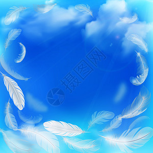蓝天抽象背景边缘与优雅的白色羽毛混合蓬松的云现实矢量插图图片