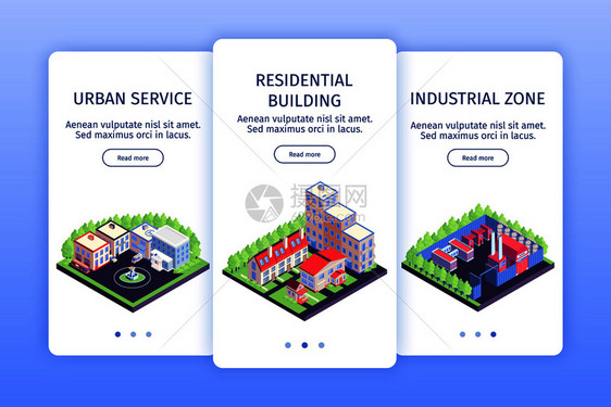等距城市垂直横幅城市服务住宅楼工业区描述矢量图图片