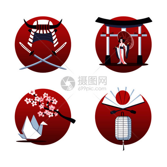 日本2x2集的孤立红色圆形构图与符号矢量插图日本2x2理念图片