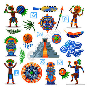 玛雅文明色彩图像的部落珠宝与人物的土著人空白背景矢量插图背景图片