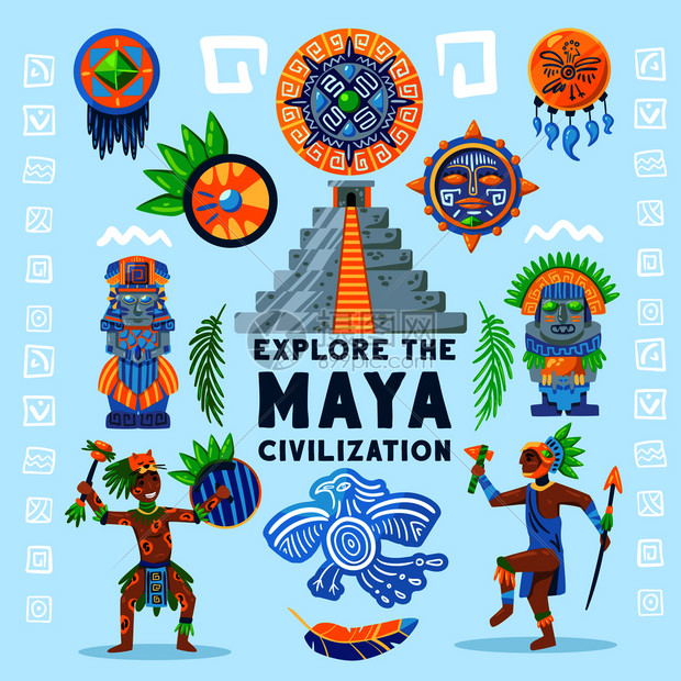 玛雅文明流程图背景构图与文字围绕着古代偶像人物象形文字传统珠宝矢量插图插画图片下载 正版图片 摄图网