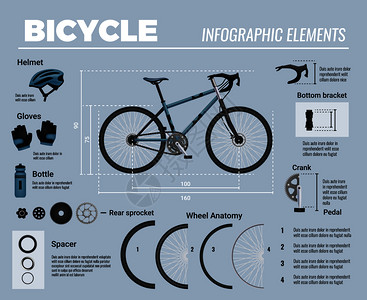 自行车零件信息与现实的图像MTB自行车与配件可编辑的文本提示标题矢量插图图片